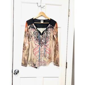 Harley Davidson Womens Shirt Size L Long Sleeve Wings Shield Y2K Graphic Sheer